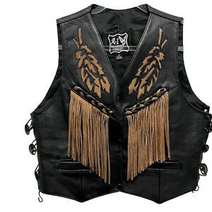 Biker Vest Eagle Fringe Black Leather Tan Southwestern Festival Women SZ 10